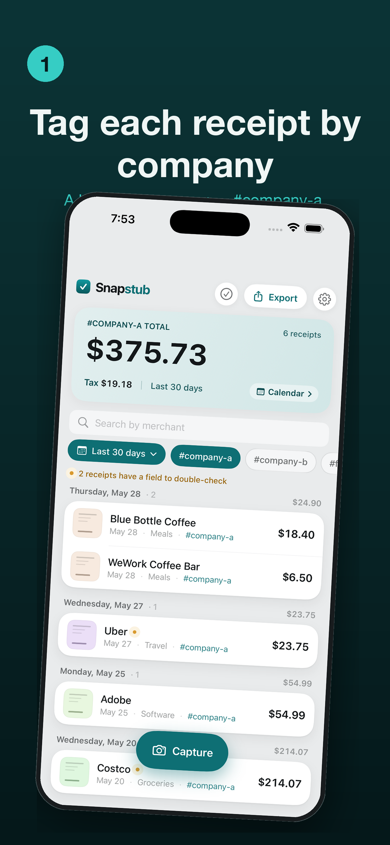 Setting a receipt's Business to Acme in the review screen
