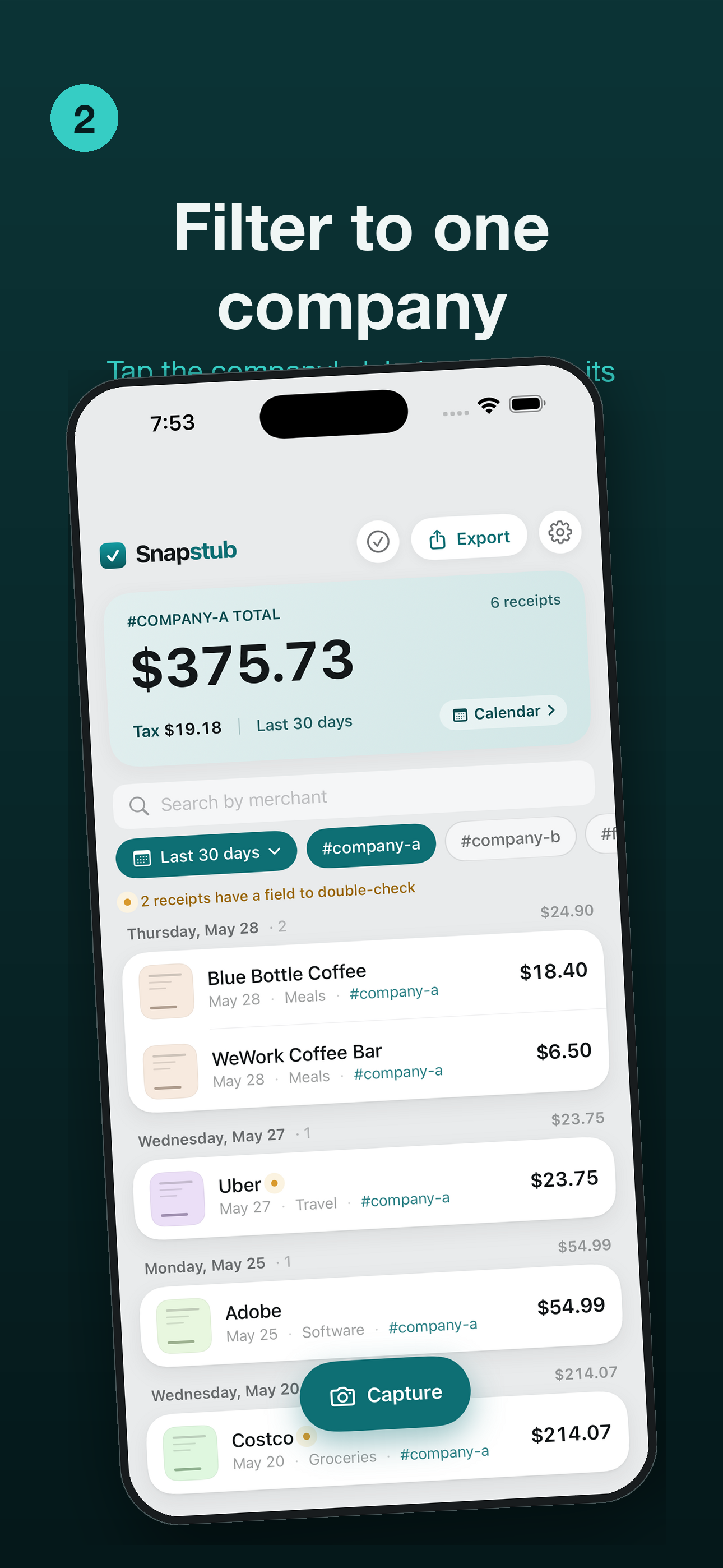 The list scoped to the Acme business via the top switcher, showing only its receipts and total