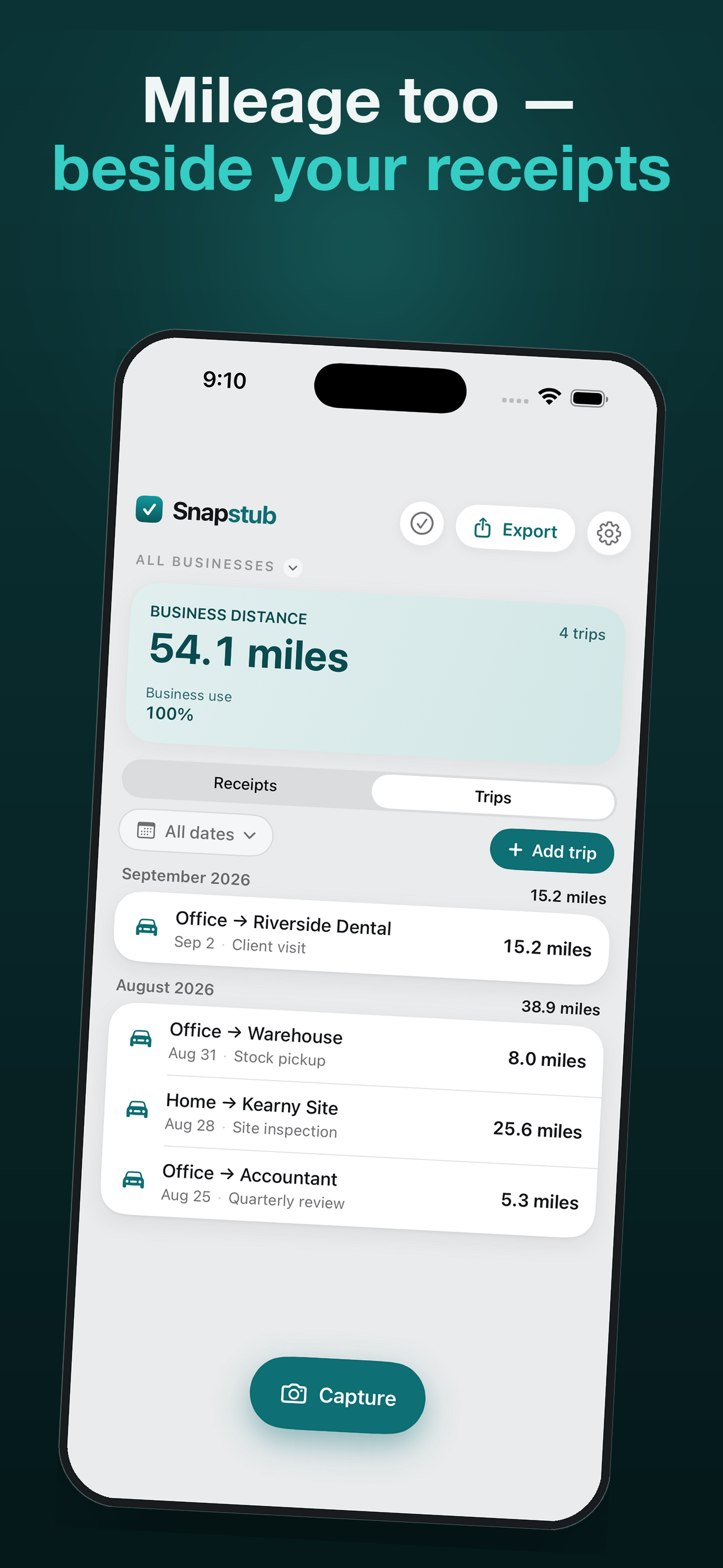 Mileage too — business drives logged beside your receipts, with monthly totals