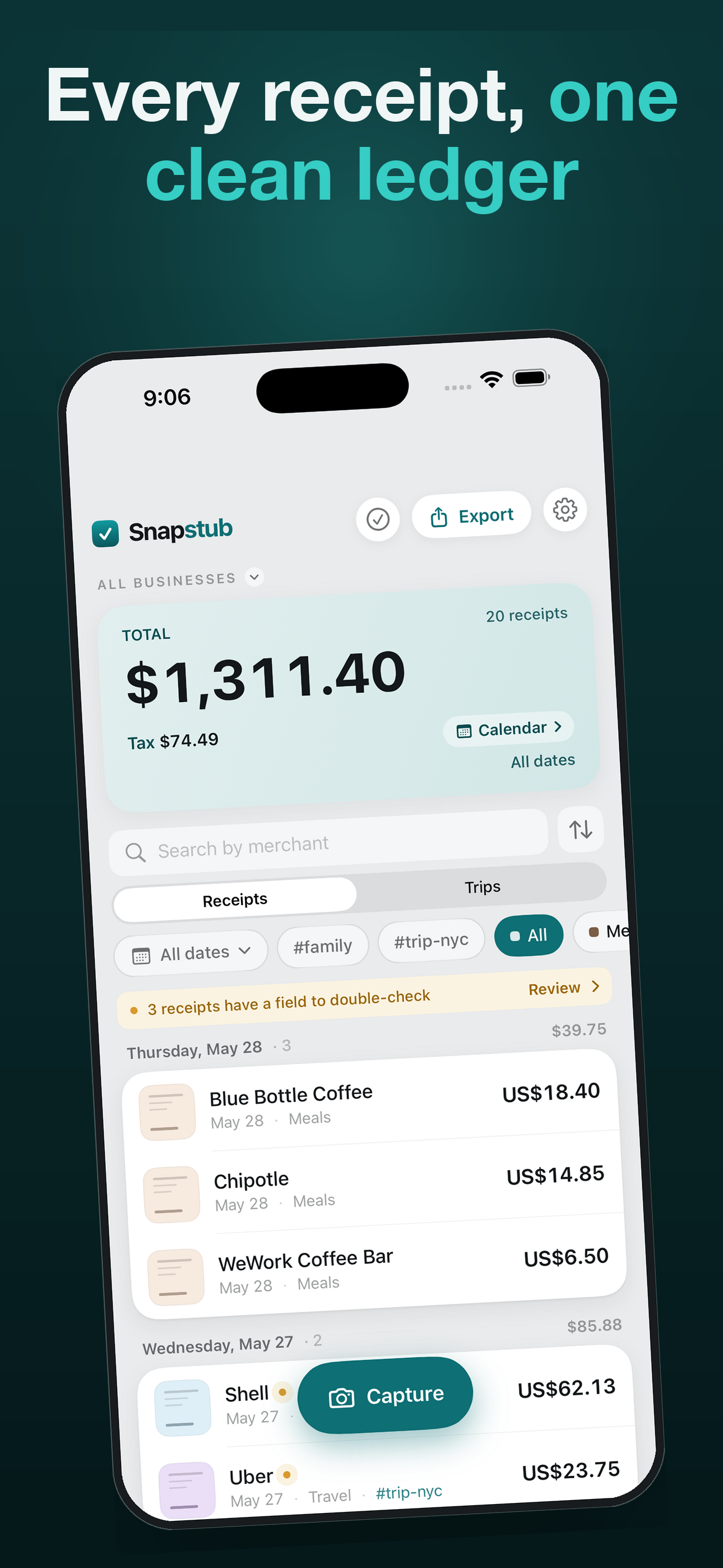 Every receipt in one clean ledger, grouped by day with a running total