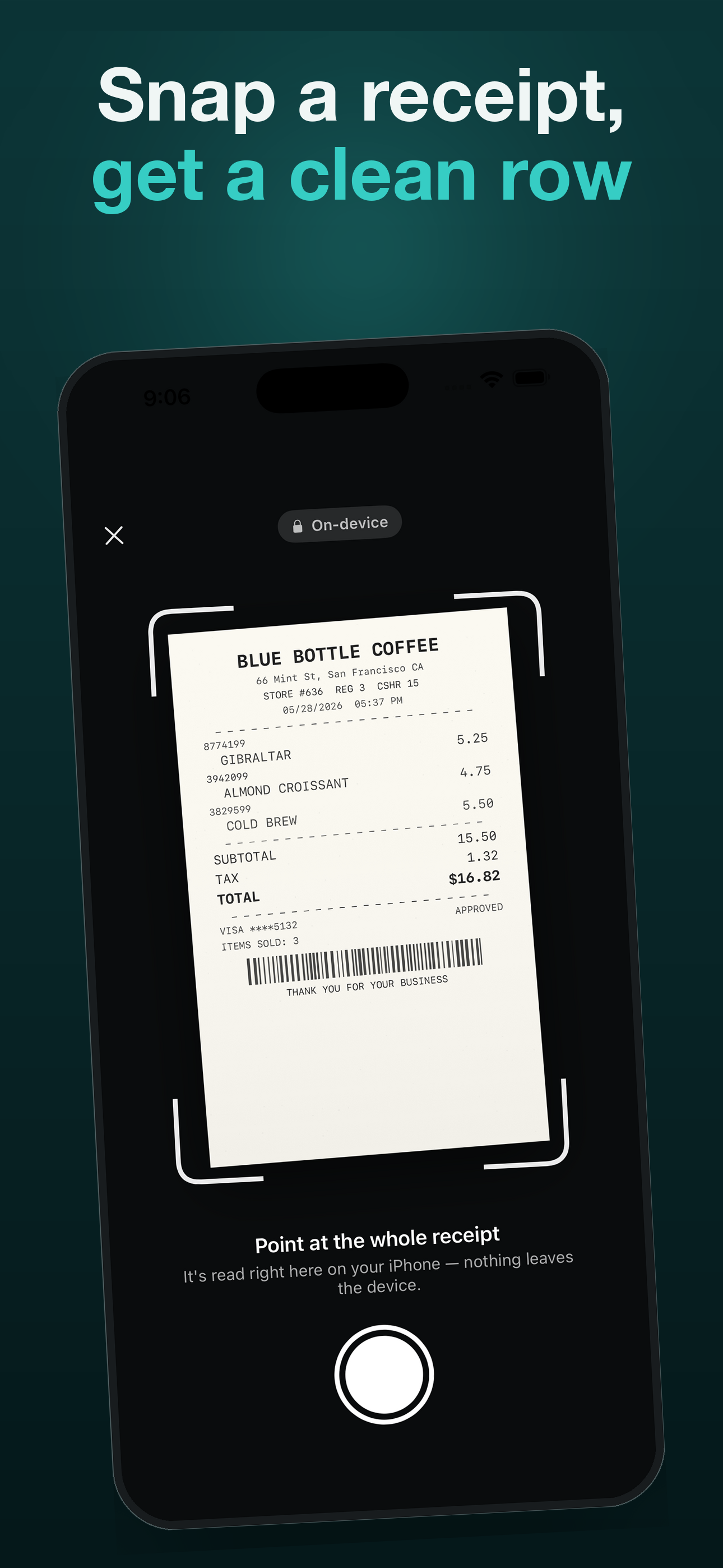 Snap a receipt, get a clean row — the scanner finds the edges for you