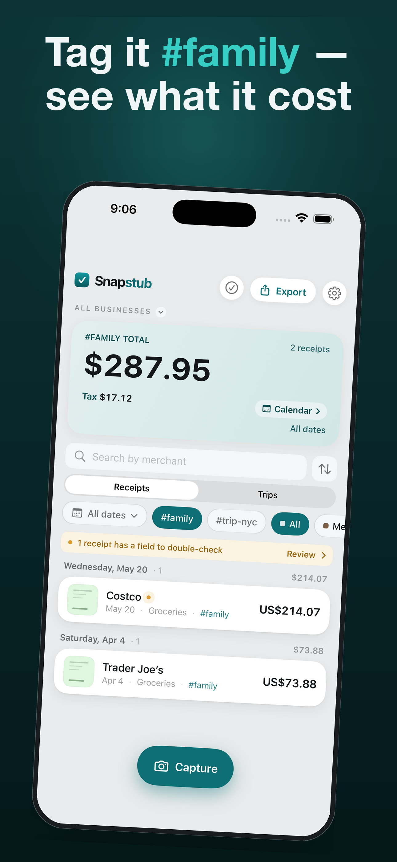 Tag receipts like #family and filter your ledger by them